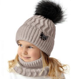 Czapka i komin dla dziewczynki, komplet zimowy, Eilhart, beżowy, 48-50 cm
