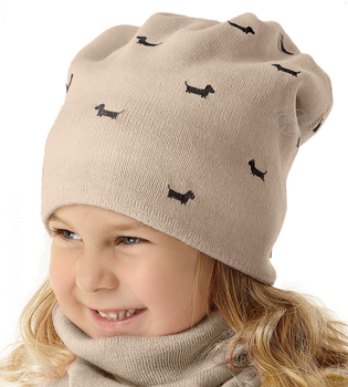 Czapka smerfetka zimowa dla dziewczynki, dwustronna, pieski jamniki, Lusija, kakao, 50-54 cm