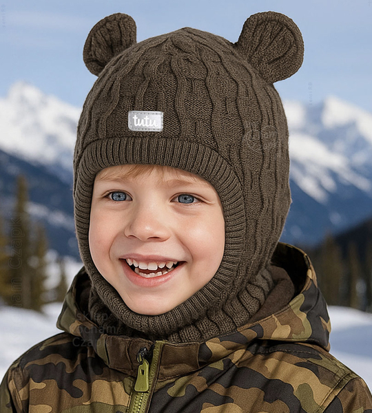 Kominiarka merino 100% merino dla chłopczyka, Jurgin, khaki, 42-46 cm 