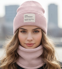 Komplet czapka i komin, damski zimowy wełniany,  merino 100%, Gabrid, różowy, 56-60 cm