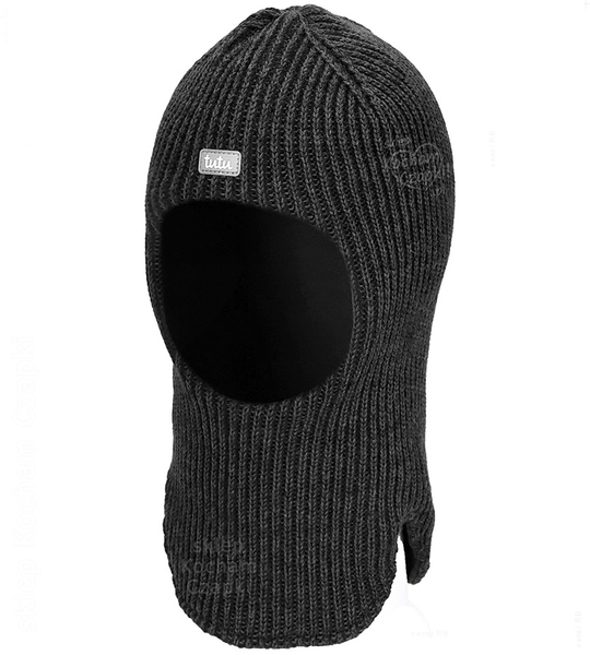 Kominiarka z wełny 100% merino na zimę dla chłopca, Smurfo, grafit melanż, 52-56 cm