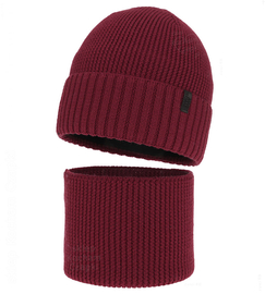 Czapka i komin dla chłopca, 100% merino, Rahian, bordowy, 54-56 cm