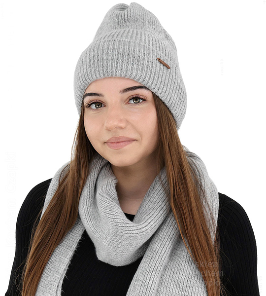 Komplet zimowy damski, czapka i szalik,  z wełną merino, Alyssa, szary, 56-60 cm
