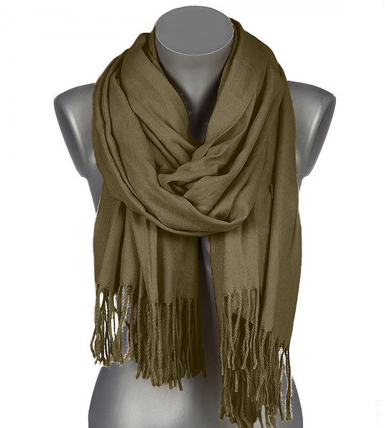Szalik damski cienki z frędzlami – miękki, na jesień i zimę, zielony, khaki