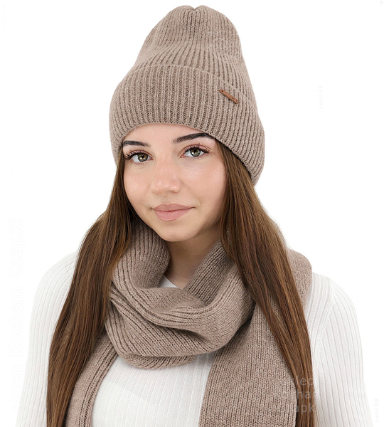 Komplet zimowy damski, czapka i szalik,  z wełną merino, Alyssa, beżowy (05) , 56-60 cm
