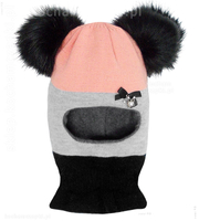 Czapka kominiarka dla dziewczynki, dwa pompony, morela+szary, Kejsa, 46-49 cm