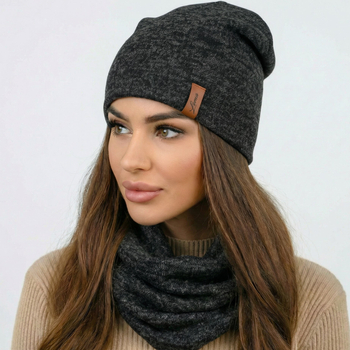 Czapka smerfetka i komin damski, komplet wiosenny/jesienny, na łagodną zimę, grafit melanż, 55-57 cm
