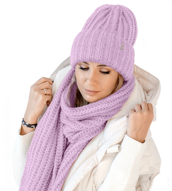 Czapka i szalik damski, modny komplet zimowy, Limda, fioletowy, 56-59 cm