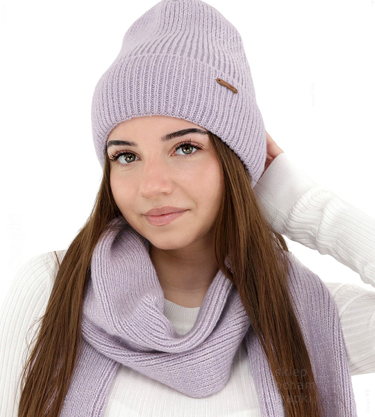 Komplet zimowy damski, czapka i szalik, z wełną merino, Alyssa, fiolet melanż, 56-60 cm