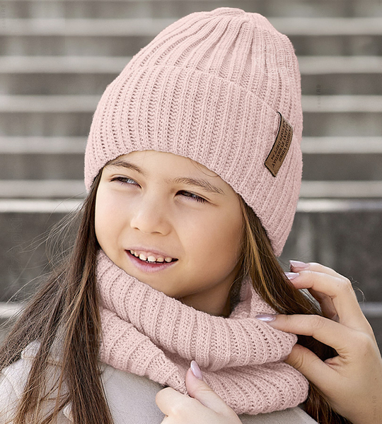 Czapka i komin dla dziewczynki, komplet Sydney, różowy, 52-54 cm