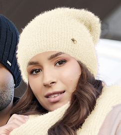 Czapka zimowa, damska, smerfetka, kremowa, 55-60 cm