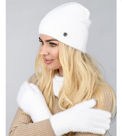 Czapka, komin i rękawiczki, damski komplet zimowy, Bernata, biały, 55-60 cm