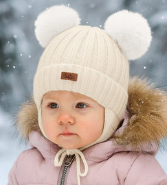 Czapka merino dla dziewczynki, zimowa z pomponami, Kamino, kremowa, 44-46 cm