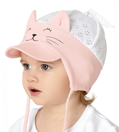 Letnia czapka dla dziewczynki z daszkiem i uszkami kotka, na kucyk, Kiccia, 44-46 cm