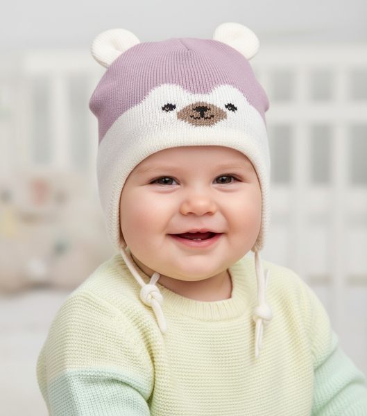 Czapka merino zimowa, dla dziewczynki, Isjomina, krem + wrzosowy, 42-45 cm