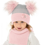 Czapka zimowa i golf, dwa pompony, róż jasny + szary, Apolonia, 50-54 cm