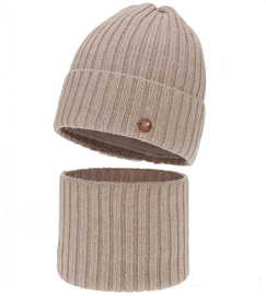 Czapka i komin z wełny merino 100%, komplet zimowy, Navira, beżowy, 54-56 cm
