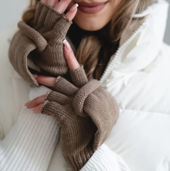 Rękawiczki  damskie z wełny merino 100%, odkryte palce, 2317, kakaowe