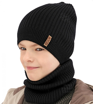 Czapka i komin dla chłopca, jesienny/wiosenny komplet, 100% wełna merino, Shetter, czarny, 51-53 cm