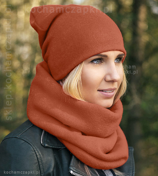 Czapka i komin damski, komplet zimowy, Benita, miedziany, 55-57 cm