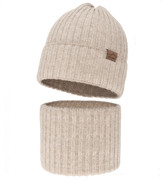 Czapka i komin dla chłopca, z wełną merino, Raqmin, beżowy, 53-56 cm