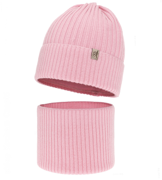 Czapka i komin dla dziewczynki, 100% merino, Temira, różowy, 53-56 cm