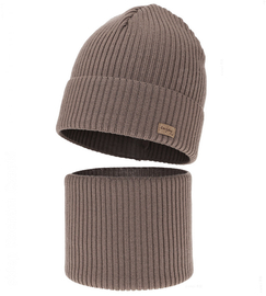 Czapka i komin dla chłopca, jesienny/wiosenny komplet, 100% wełna merino, Tinros, beżowy, 48-50 cm