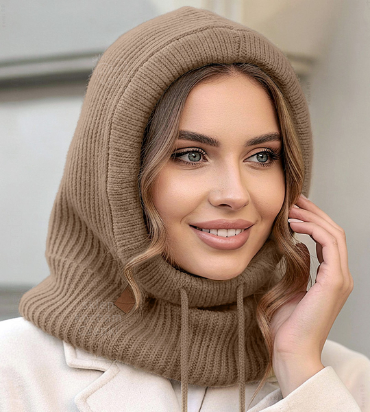 Komin z kapturem damski, balaclava, kominiarka damska, Gaurina, beżowy, uniwersalny