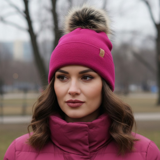 Czapka zimowa damska, Lakia, z pomponem, ciemny różowy, 55-60 cm	