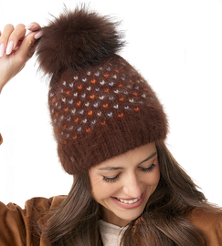 Czapka Damska z Angory z Pomponem z Jenota, Guetta, brązowa, 56-60 cm