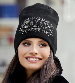 Czapka damska zimowa, wełniana, z dżetami, Olora, czarna, 56-58 cm