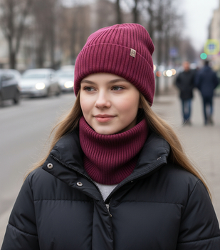 Czapka i komin dla dziewczynki, 100% merino, Temira, amarantowy, 53-56 cm