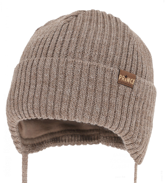 Czapka zimowa, niemowlęca, z wełną merino, wiązana, Saripn, beżowy, 40-42 cm