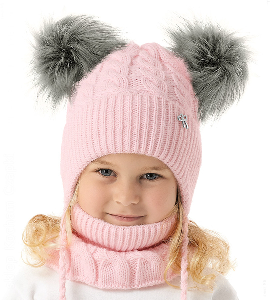 Czapka i komin dla dziewczynki, komplet zimowy, Lussy, jasny róż, 50-52 cm