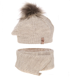 Komplet zimowy dla dziewczynki: beret i szalik, Ilefia, beżowy melanż, 50-54 cm