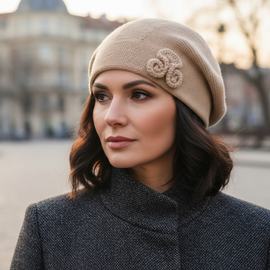 Czapka zimowa damska, beret pieczarka, Tesoni v.3, jasny karmel, 55-57 cm