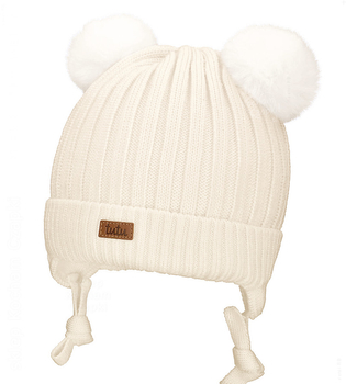 Czapka merino dla dziewczynki, zimowa z pomponami, Kamino, kremowa, 48-51 cm