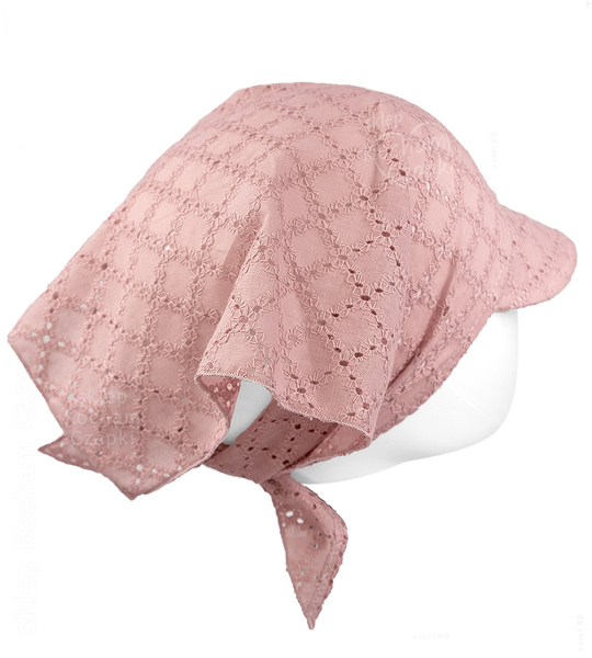 Chustka z daszkiem, ażurkowa, haftowana, dla dziewczynki, róż brudny, 45-50 cm