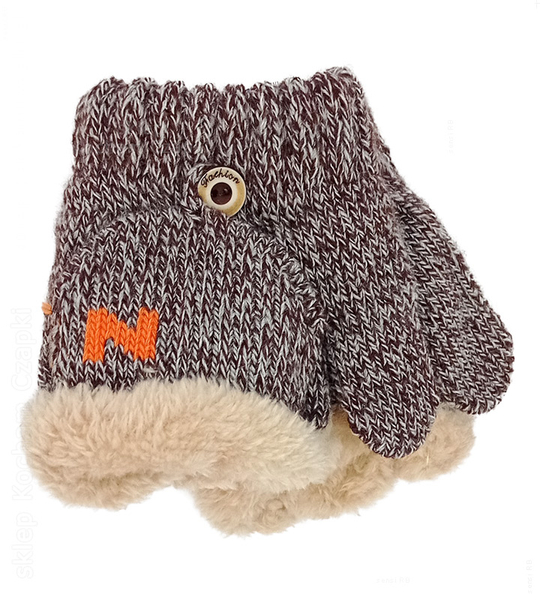 Rękawiczki zimowe dla chłopca, 2w1, mitenki z guzikiem, ocieplane, brązowe, 3-6 lat