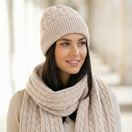 Ekskluzywny Komplet czapka i szalik, Merino + Kaszmir, Nyx, jasny beż, 55-58 cm