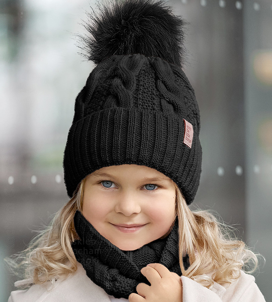 Czapka i komin dla dziewczynki, komplet zimowy, Millva, czarny, 54-56 cm