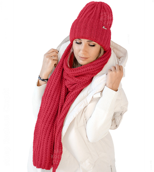 Czapka i szalik damski, modny komplet zimowy, Limda, czerowny, 56-59 cm