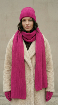Czapka, szalik, rękawiczki z wełny merino i kaszmiru, komplet damski, różowy, 55-58 cm