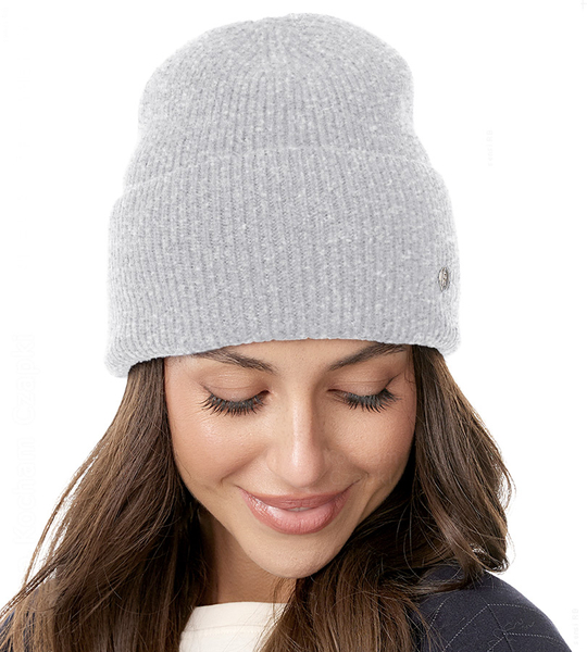  Czapka Damska z Wełny Merino, Erazma, szara, 55-57 cm