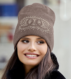 Czapka damska zimowa, wełniana, z dżetami, Olora, beżowy ciemny, 56-58 cm
