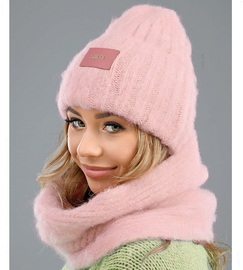 Czapka i komin damski, zimowy komplet, Holly, róż jasny, 55-57 cm