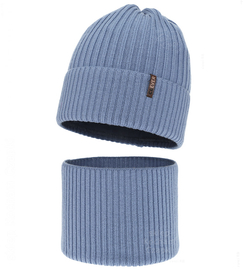 Czapka i komin dla chłopca, na zimę, 100% merino, Mogizzo, niebieski, 54-56 cm