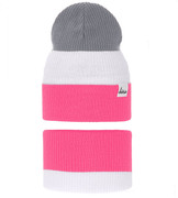 Komplet wiosenny/jesienny dla dziewczynki, róż neon + biały + szary, czapka i komin, Ladila, 50-54 cm