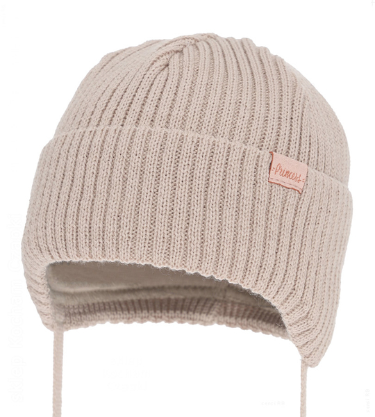 Czapka niemowlęca na zimę dla dziewczynki, merino, Nissia, beżowa, 36-38  cm