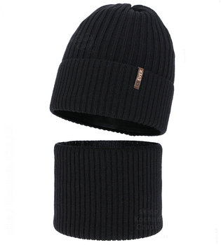 Czapka i komin dla chłopca, na zimę, 100% merino, Mogizzo, czarny, 54-56 cm